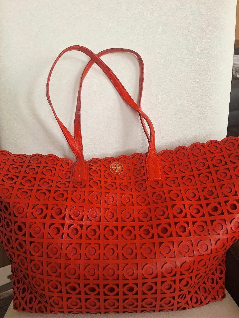 Tory Burch Coral Red Laser Cut Tote EUC